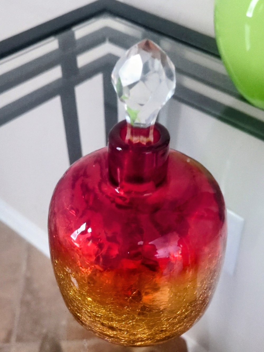 Blenko Glass Red and Gold Crackle Glass Bottle /Vase with Faceted Stopper. Glows